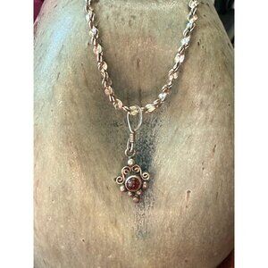 Sterling Silver 6.5" Braided Bracelet With Red Gemstone Pendant Charm